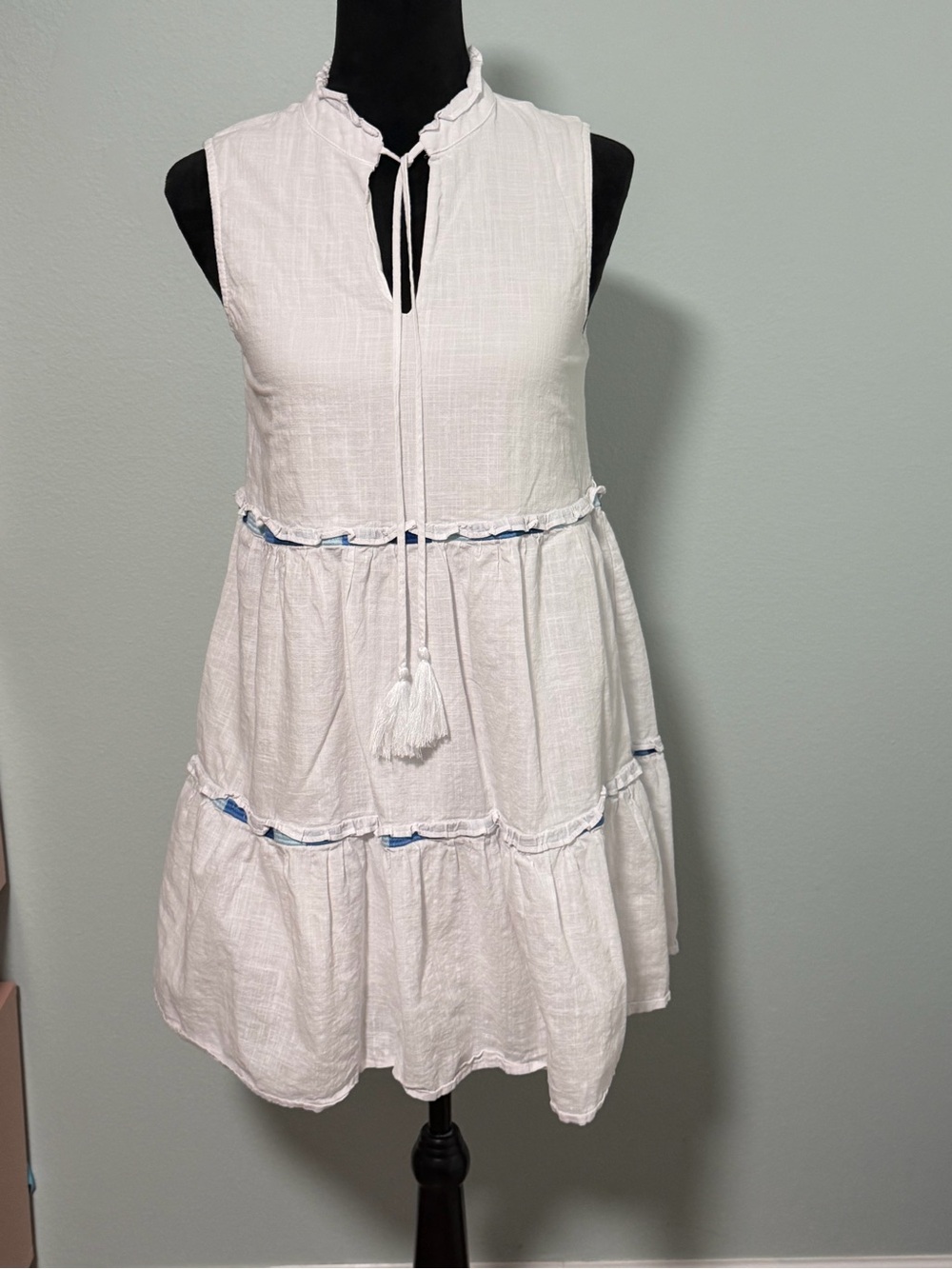 J.MARIE Sleeveless Tie Neck Tiered Dress with Blue Embroidery - XS